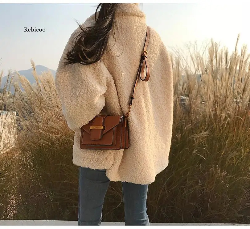 Artificial fur thick coat womens autumn warm soft and loose jacket button plush casual winter 240905