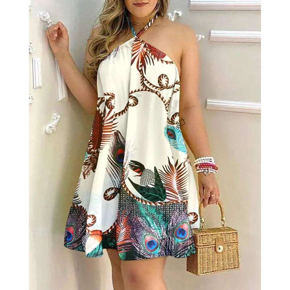 2024 Summer Printed Off Shoulder Neck Lace Loose Women's Dress for Women