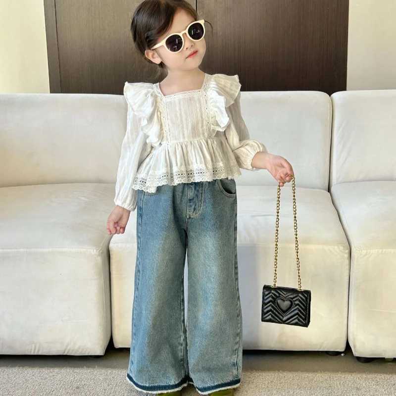 2024 Autumn New Style Kids Girls Blouses Korean Fashion Lace Long Sleeve Shorts Square Collar Cotton Cute Sweet Infant Shirts Y240906