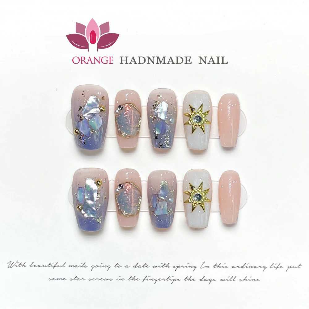 Handmade new imprint blue Baroque high-end temperature reusable fake nails artificial ergonomics wearable orange nail shop W240905