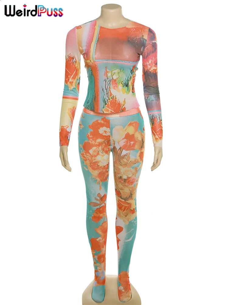 Weird Puss Mesh Flowers Print Two Piece Set Summer Thin Full Sleeve Top TopsFoot Leggings Matching Stretch Streetwear Outfits 240906