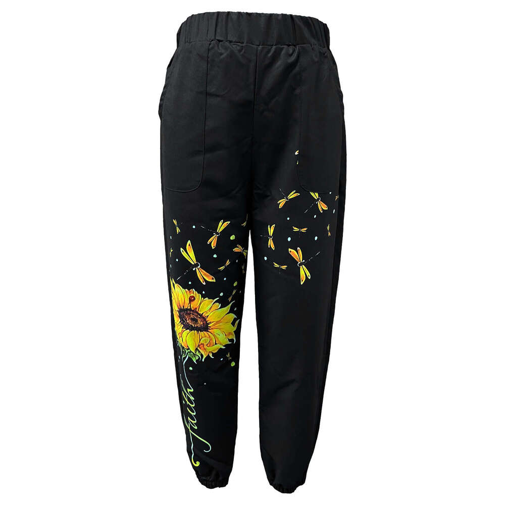 2024 new summer loose casual printed sunflower elastic waisted cropped pants for women