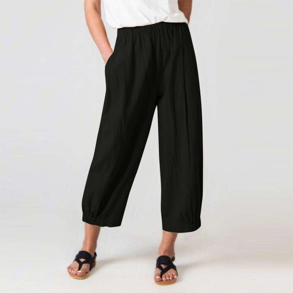 Summer loose cotton and linen pleated casual edition high waistband pocket Haren cropped pants for women