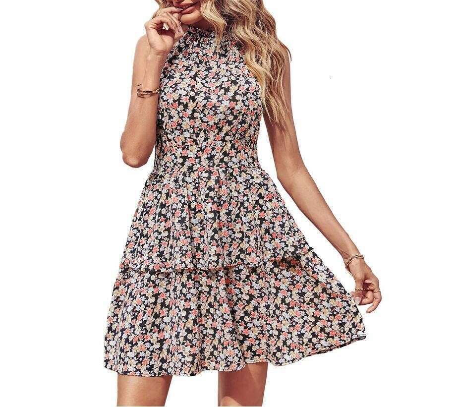 Summer New Hanging Neck Open Back Printed Sleeveless Dress for Women