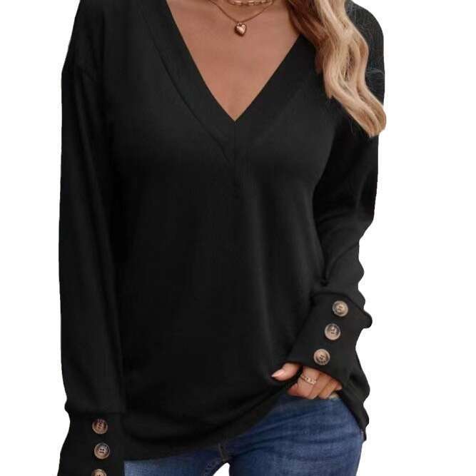 Womens Autumn/Winter New Solid Color V-neck Loose Long sleeved T-shirt Button Up