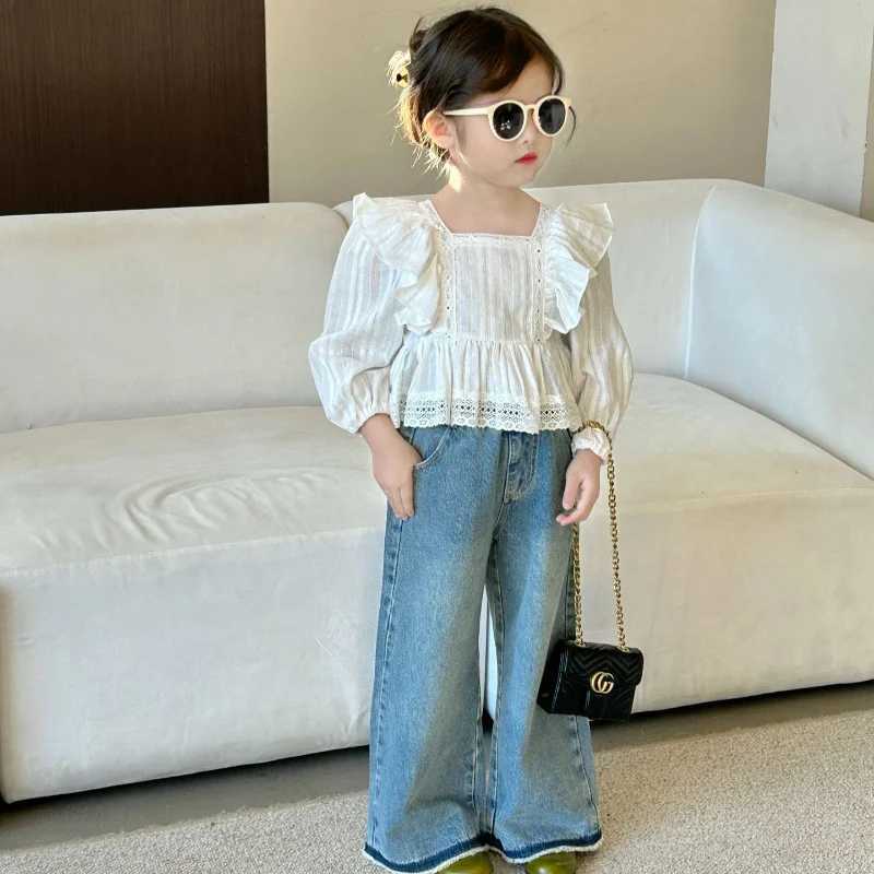 2024 Autumn New Style Kids Girls Blouses Korean Fashion Lace Long Sleeve Shorts Square Collar Cotton Cute Sweet Infant Shirts Y240906