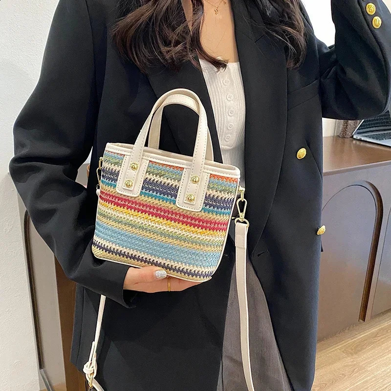 Handwork Straw Bag Summer Women Bucket Bag Purse Fashion er Straw Woven Handbag Beach Travel Ladies Shoulder Crossbody Bag 240902