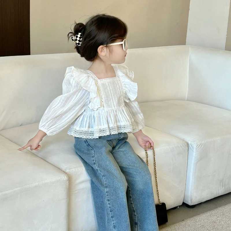 2024 Autumn New Style Kids Girls Blouses Korean Fashion Lace Long Sleeve Shorts Square Collar Cotton Cute Sweet Infant Shirts Y240906