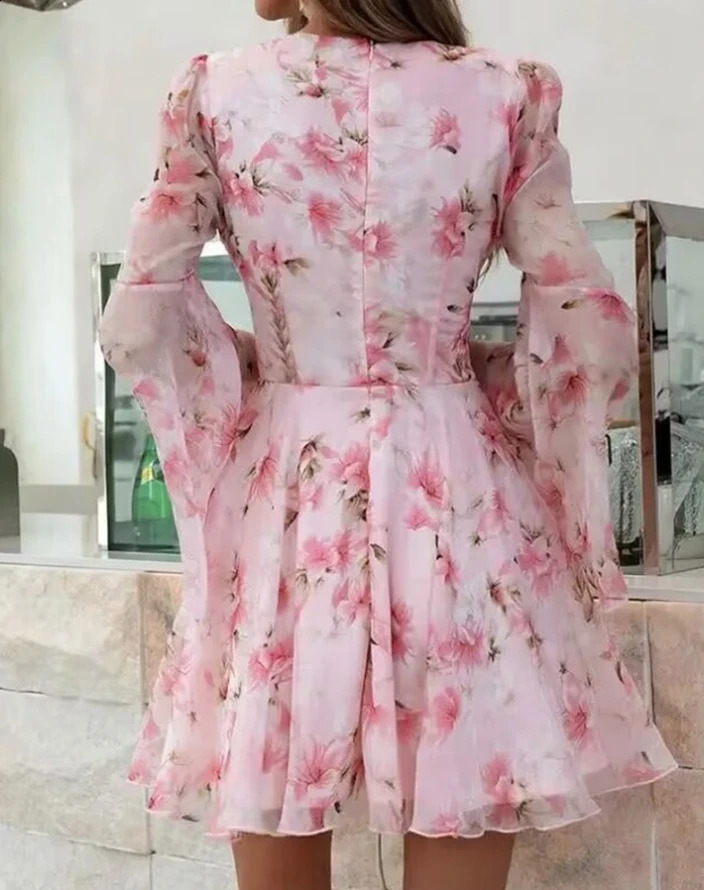 Romantic Style Womens Spring/Summer A-line Dress Long Sleeve Flower Printed Bell Sleeve Folded Day Vacation Dress 240906