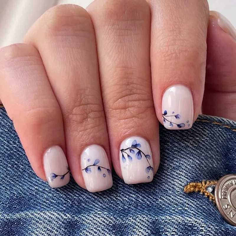 24 pieces of short square fake nails with floral design autumn and autumn patterns pressure machine on nails fully covered nail tips ballet fake nail 