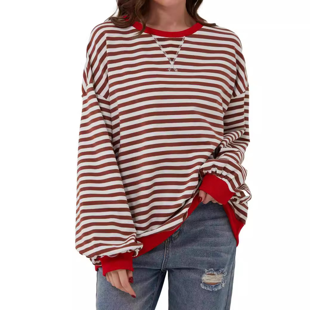 designer tshirt 2024 spring simple home cross border leisure new striped pattern round neck trendy long sleeve hooded color blocked tshirt