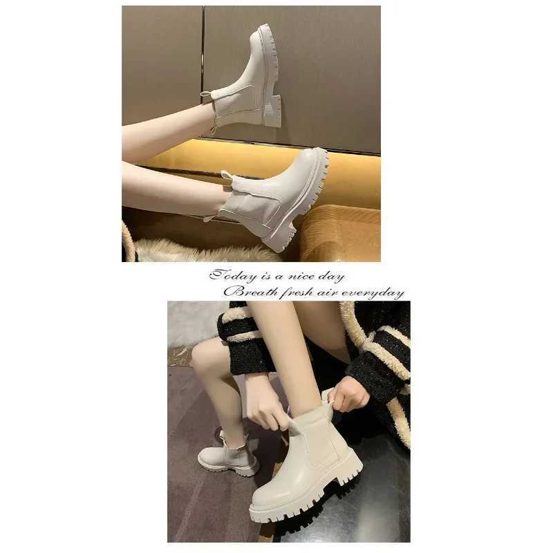 New Autumn Winter Chelsea Boots Womens Platform Brown Black Beige White Ankle Boots Womens Fur Short Fat Punk Gothic Shoes CL240906