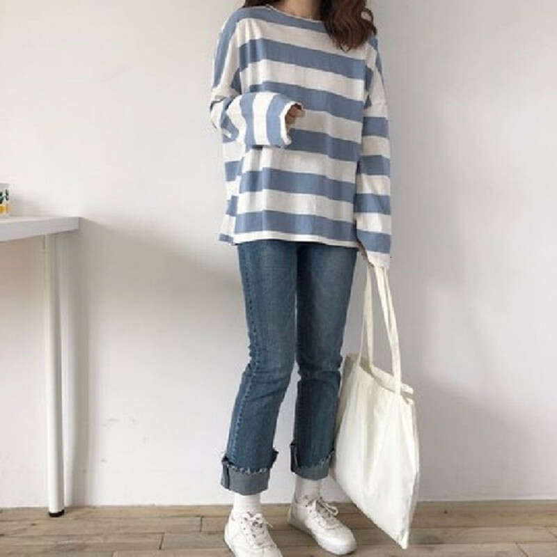 2020 New Top Ins Trendy Student Long Sleeve T-shirt Korean Versatile Striped Loose Womens Bottom Shirt