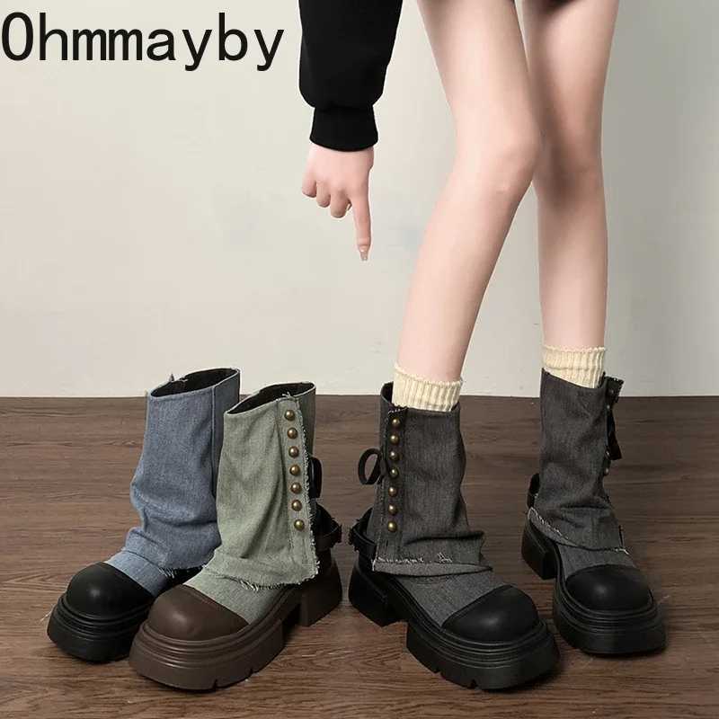 Designer Womens Short and Fat Denim Short Boots Fashion Platform High Heels Boots Womens Comfortable Shoes CL240906