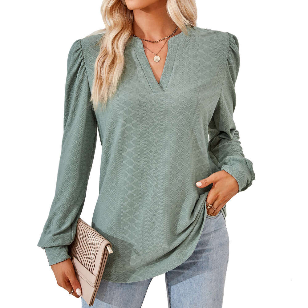 2024 Autumn/Winter New Solid V-Neck Jacquard Long Sleeve Loose T-shirt Top for Women