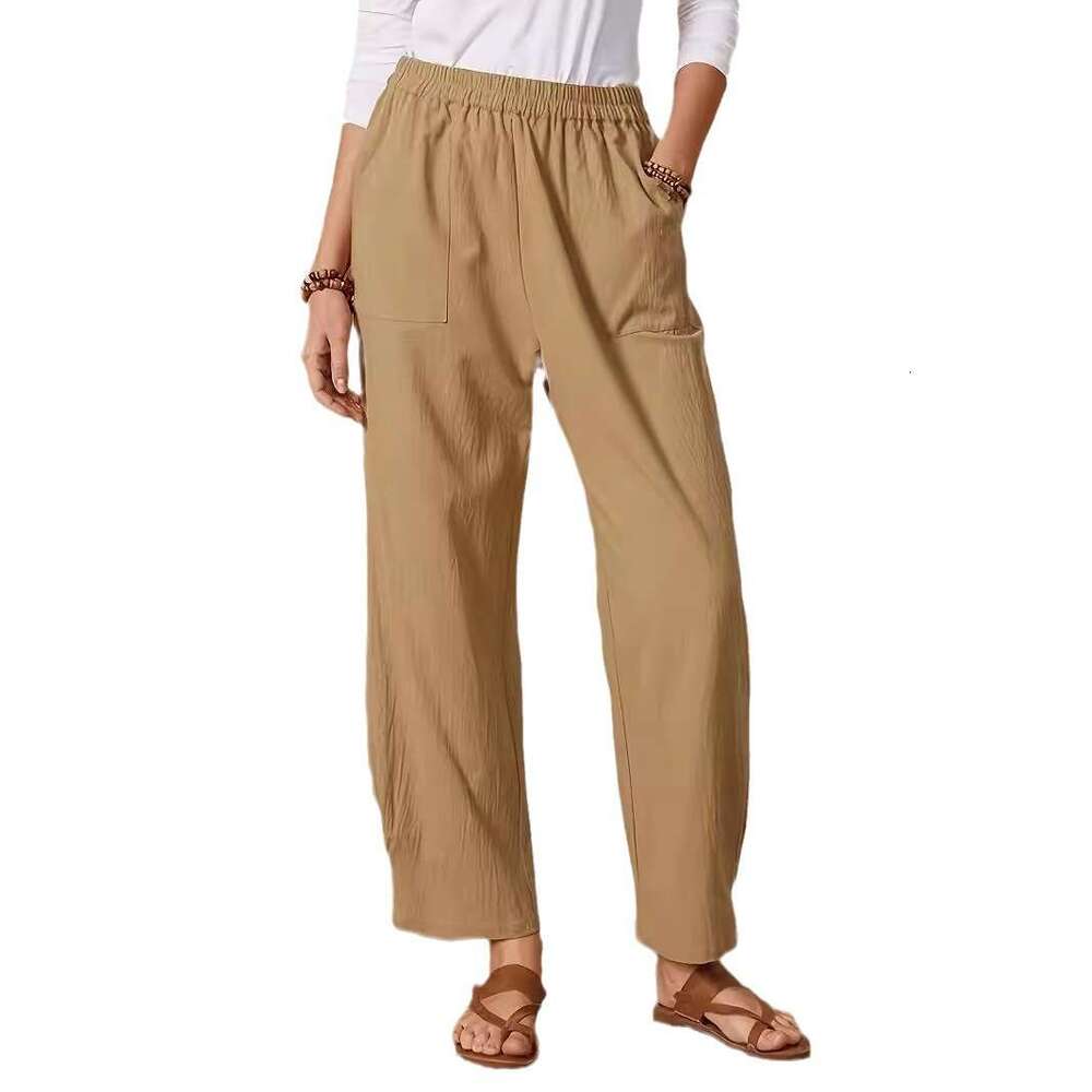 2024 Spring/Summer New Product Solid Color Pocket Elastic Waist Cotton Linen Loose Casual Wide Leg Pants for Women