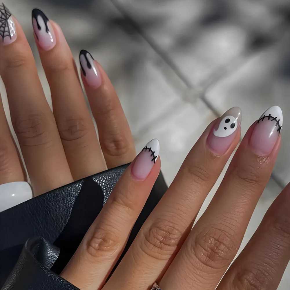 24 Halloween almond fake nails with adhesive flame ghost design fake nail tips oval shaped pressure machine on nails fully covered ergonomic design W2