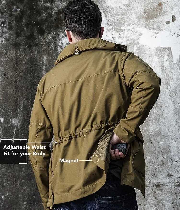 Mens Spring Long Tactical Jacket Hooded Trench US Army Field Military Hiking Jacket Outdoor Coats Waterproof Windbreaker Y240906