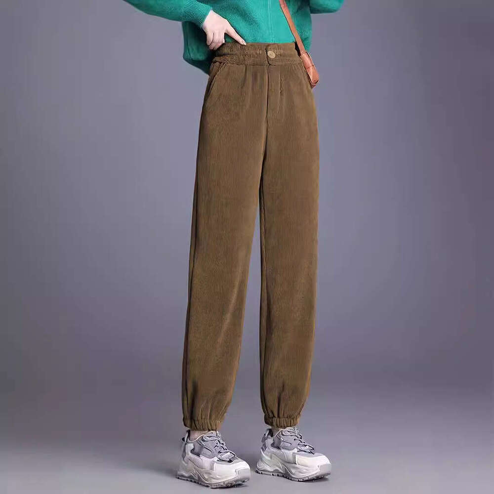 2024 Spring and Autumn New Women's High Waist Casual Solid Color Corduroy Loose Leg Tights Pants