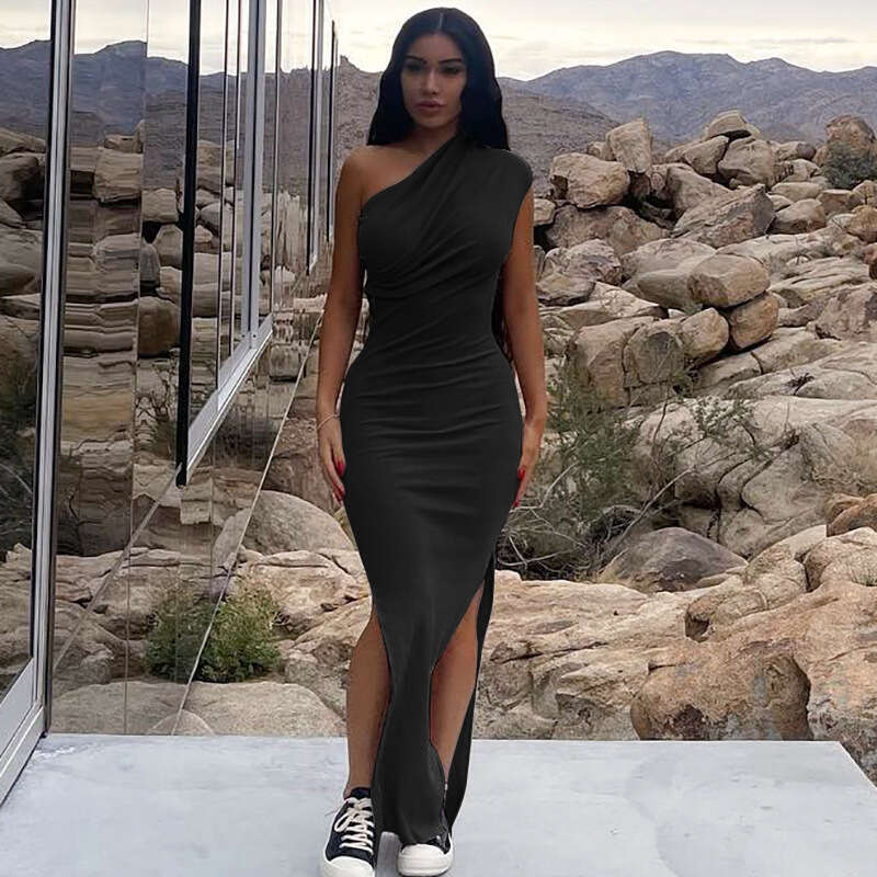 Spring and summer new solid color casual pleated sloping shoulder slit slim long dress women's clothing