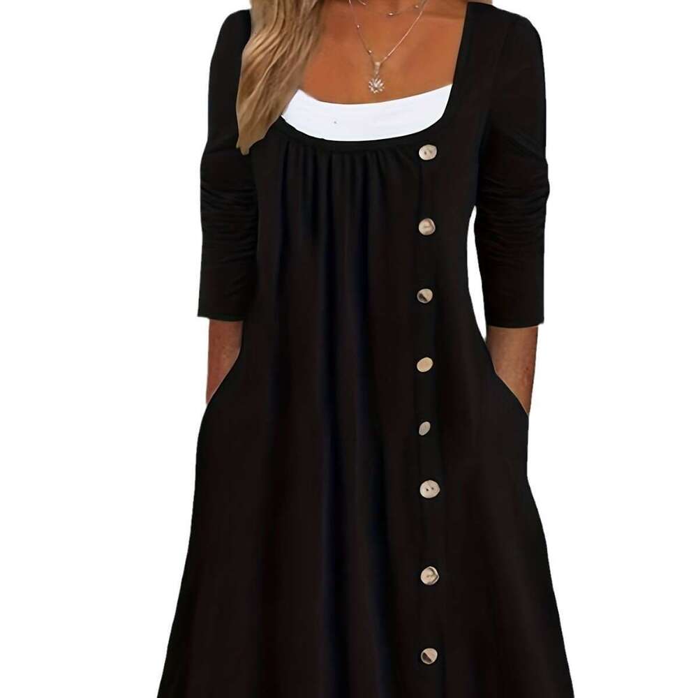 2023 new loose women's casual dress straight tube solid color button pocket square neck mid length