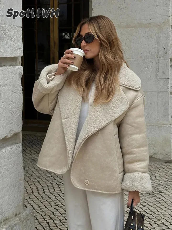 Fashion doublesided faux fur cashmere jacket for women elegant lapel button leather autumn womens 240905