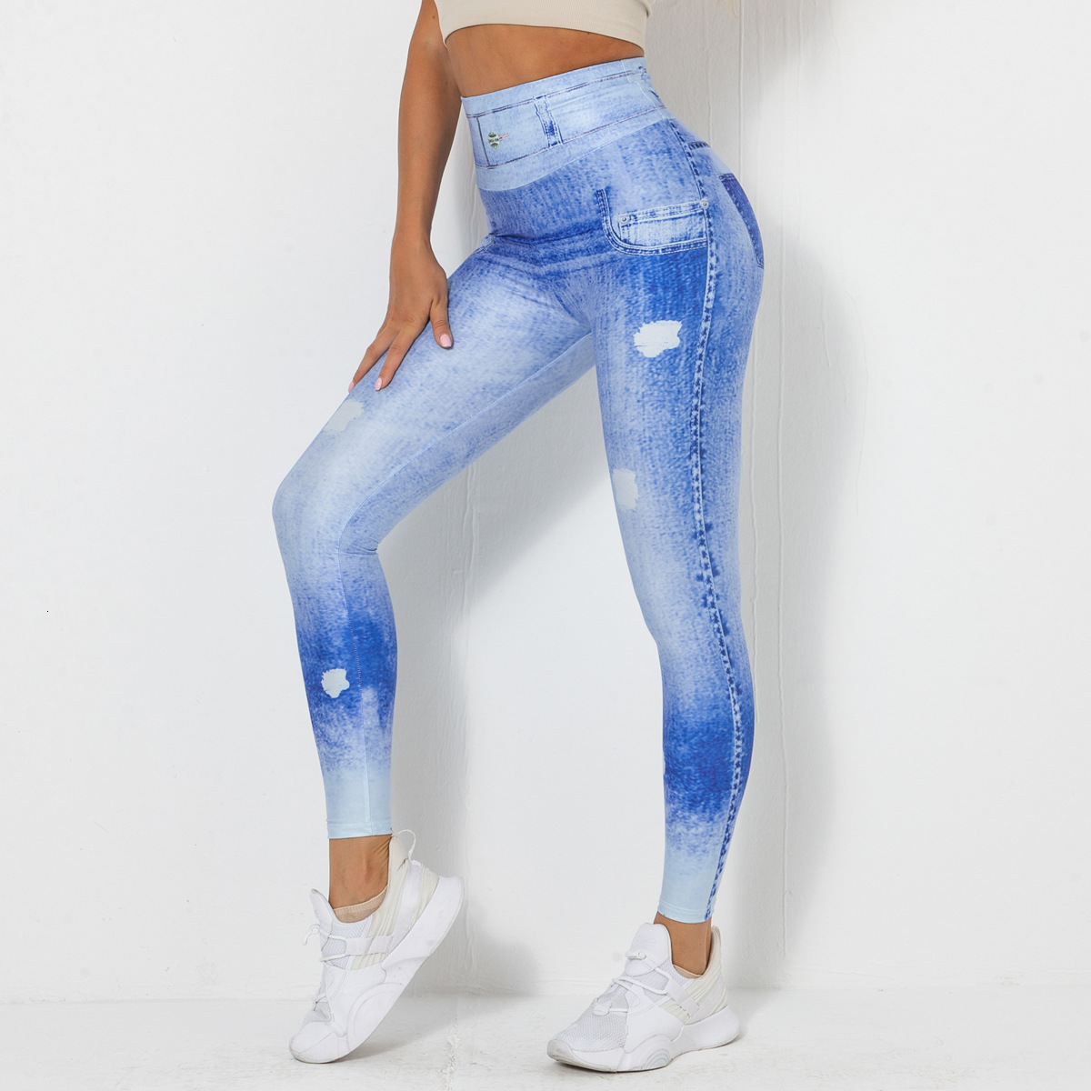 Digital printed denim blue height elastic quick drying yoga pants, sports running tight fitness pants for women