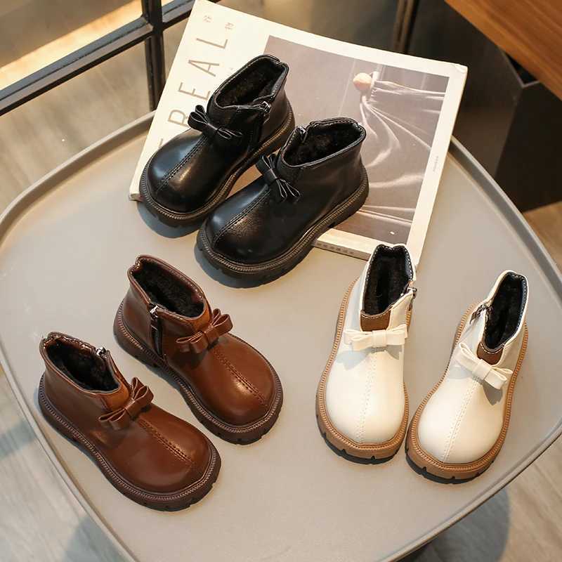 New Girls Ankle Boots Winter Shoes for Kids Princess Leather Shoes Child Bowtie Plush Warm Snow M240906
