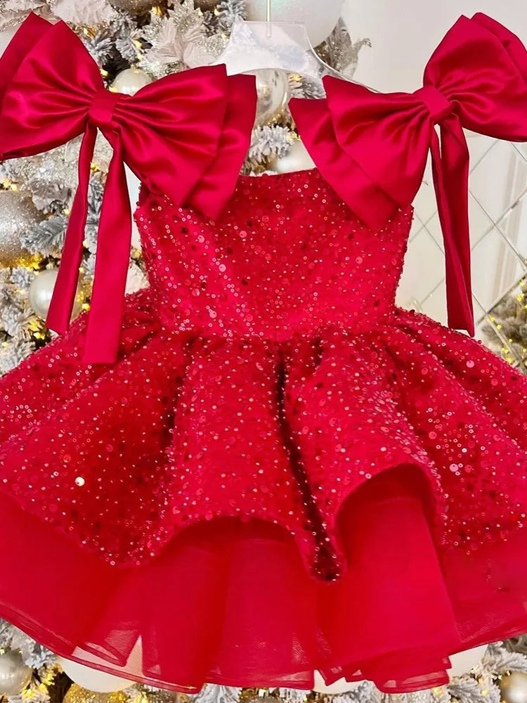 Girls Red Net Eye Dress Sleeves Elegant Girl Evening Dress Summer Fashion Glitter Princess 3-10 Y Girls Premium Dress R250424