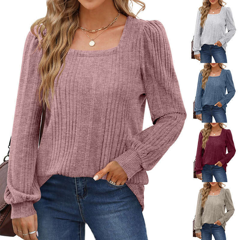 2024 Temu Autumn/Winter New Product Women's Pit Bar Square Collar Fashion Casual Long Sleeve Top