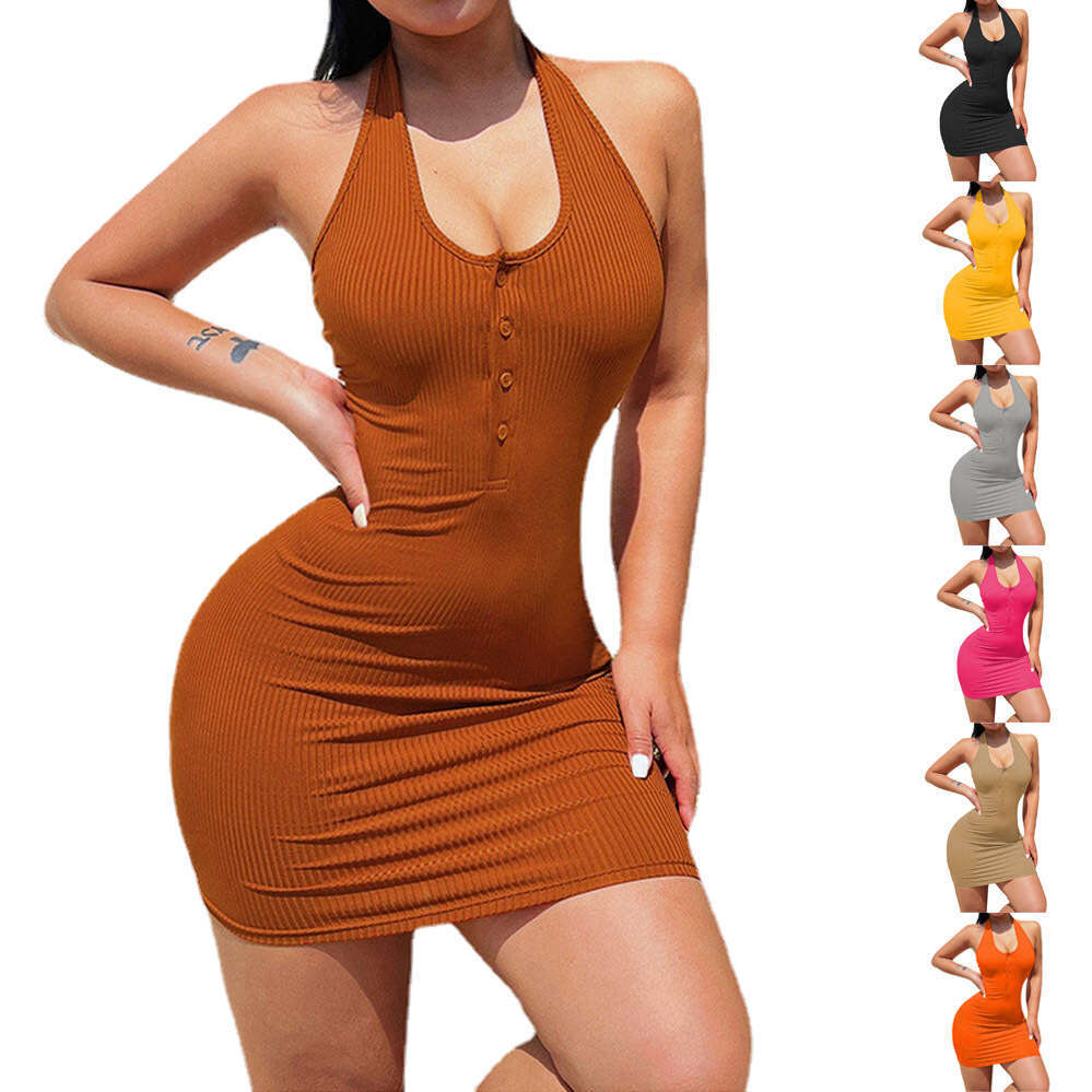 Spring/Summer 2023 Simple and Sexy Fashion Wrap Hip Short Temperament Slim Fit Button Hanging Neck Dress