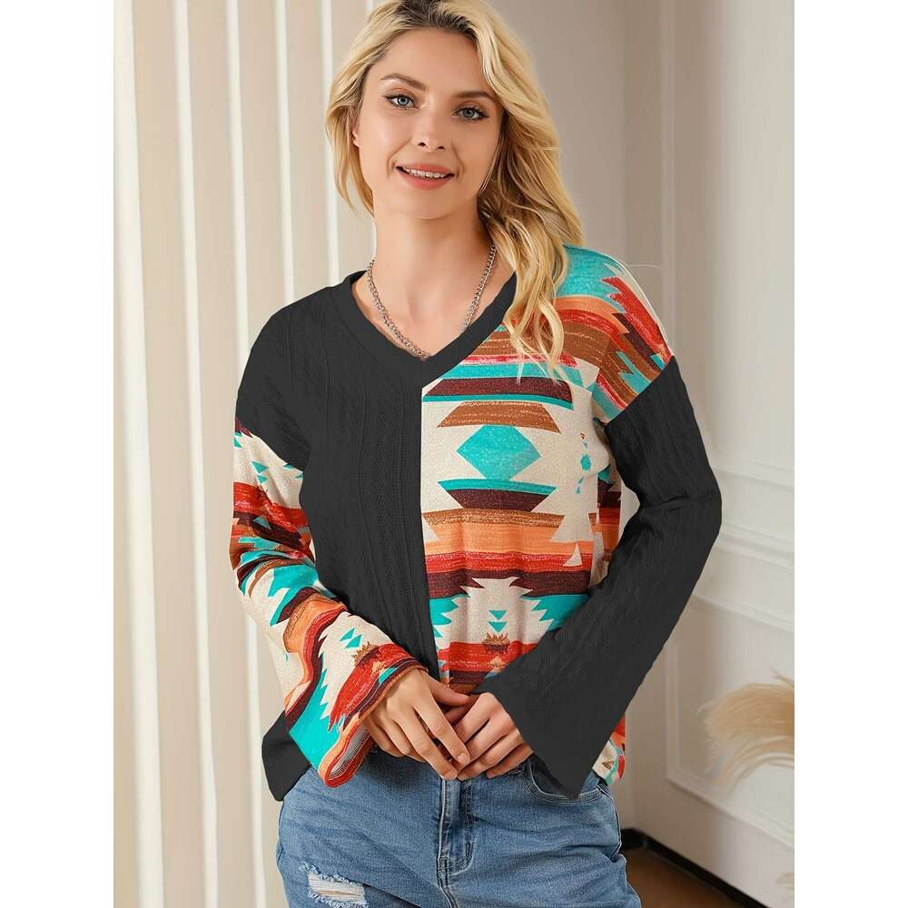 2024 Autumn/Winter New Knitted Hoodie Women's Personalized Splicing Printed Sweater Long Sleeve Women