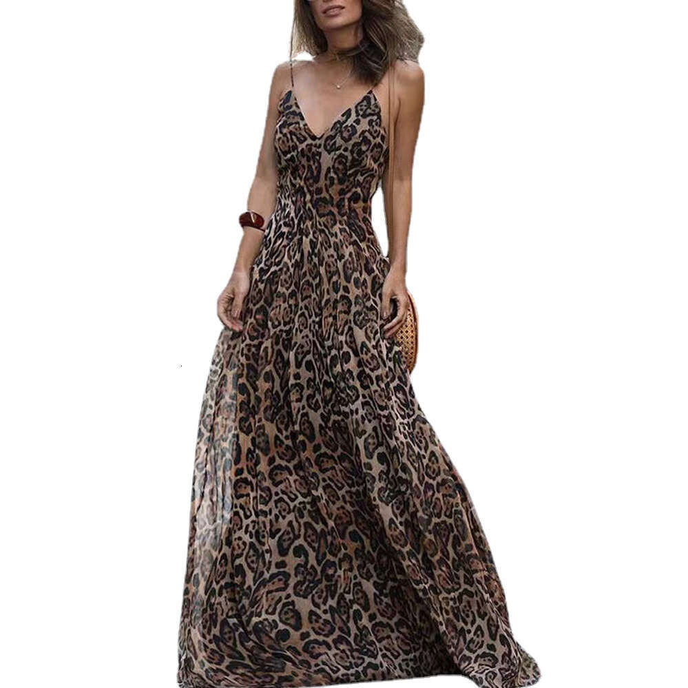 2023 Fashion Summer New Leopard Print V-Neck Sexy Strap Off Back Dress