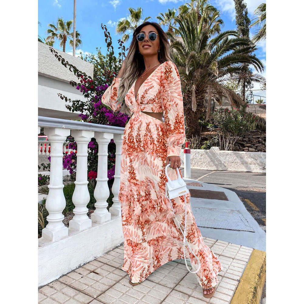 2023 Fashion Women's Spring New Printed V-neck Long sleeved Dress with Temperament