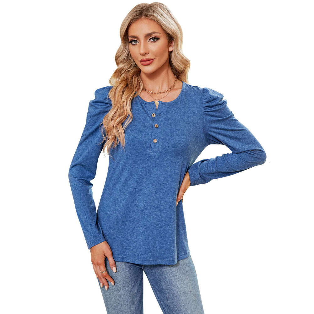 2024 Autumn/Winter New Solid Color Button Round Neck Bubble Sleeve T-shirt Top for Women
