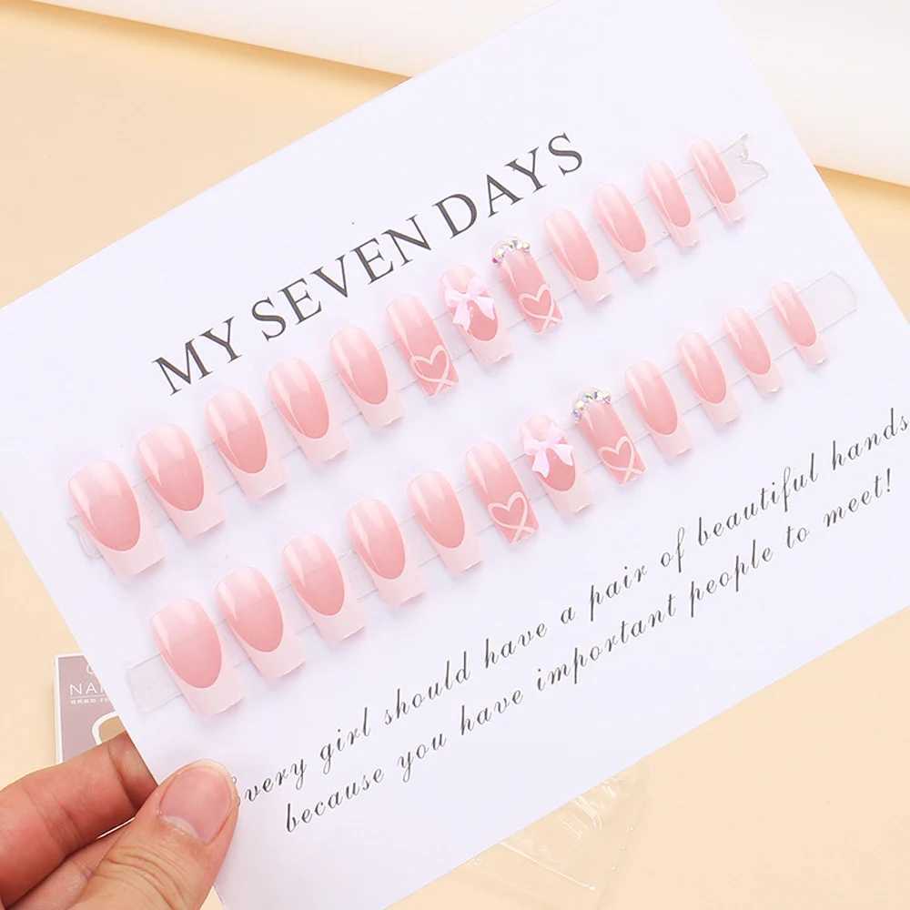 24 pieces/box Pink Bow Fake Nail Love Color Diamond Handmade Nail Set Press French V-shaped DIY Nail Art Decoration W240905