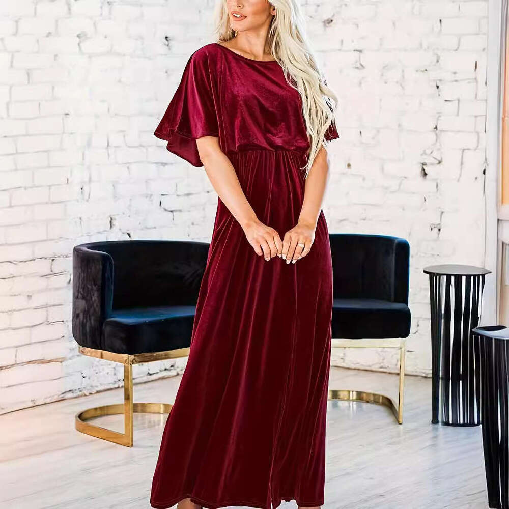 2024 French First Love New Spring and Summer Short Sleeve Sexy Charm Gold Velvet Round Neck Dress