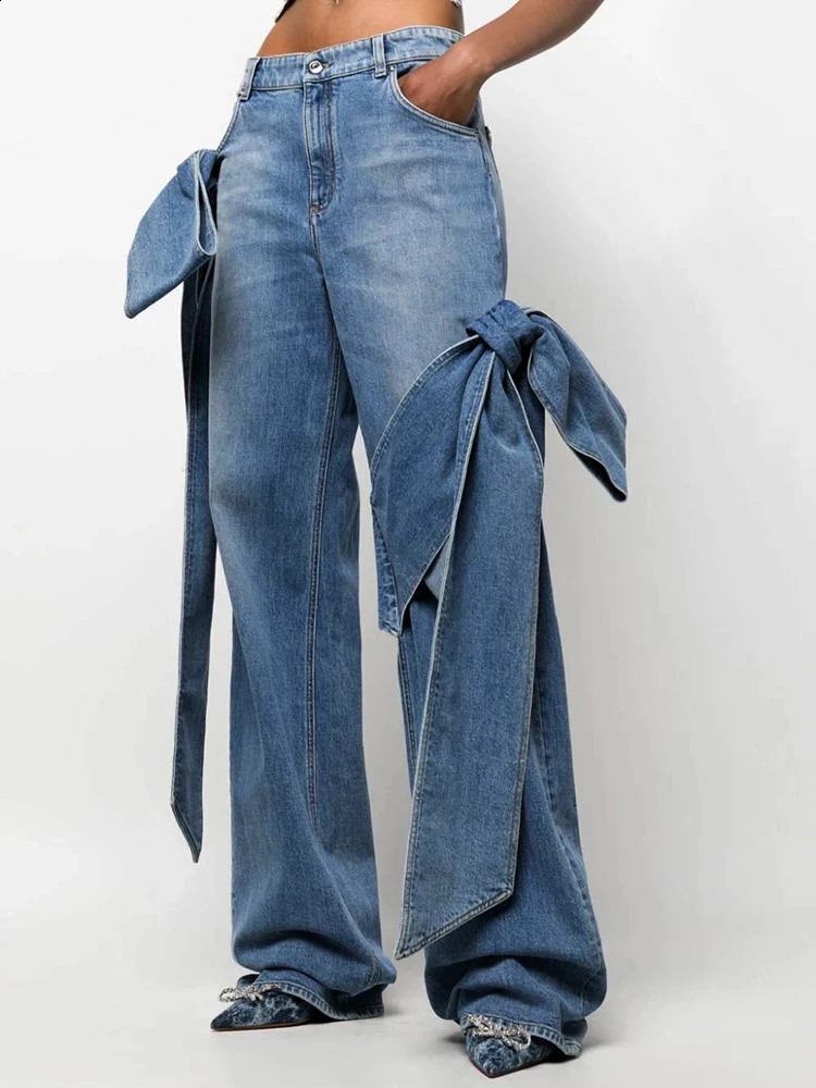 Autumn Womens Jeans Y2k Three way Bow Decorative Wide Leg Jeans Retro Loose Straight Pants 240906