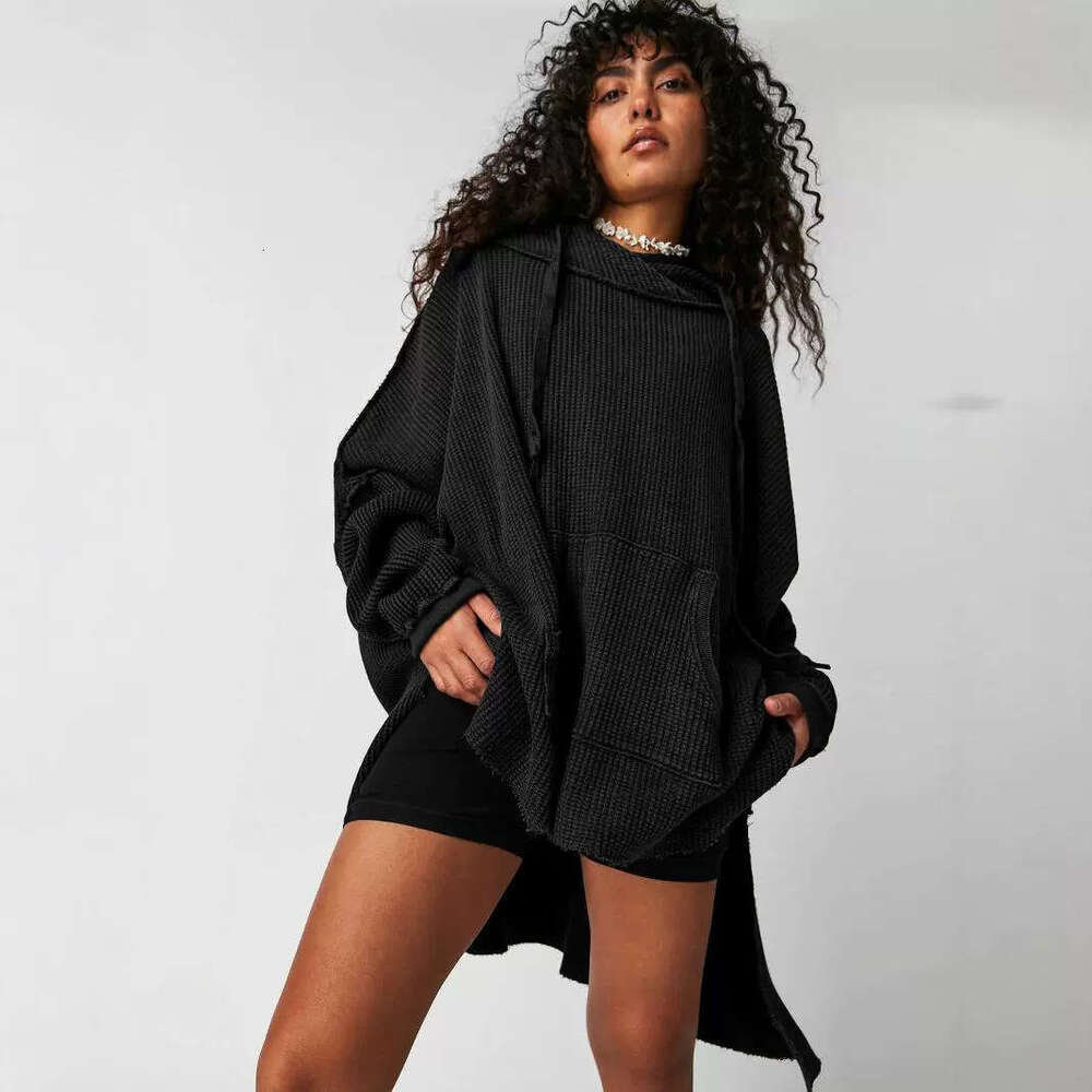 2024 Autumn Women's Loose Trendy Brand Solid Color Hoodie Waffle Long Sleeve Coat