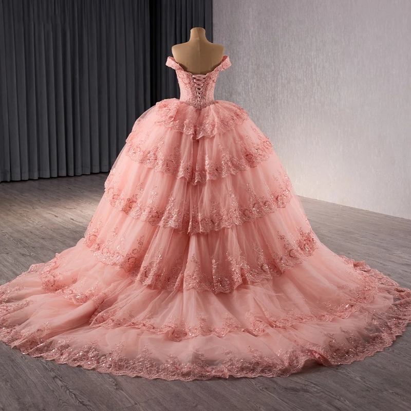 Pink Ball Gown Quinceanera Dresses Off Shoulder Applique Lace Beads Tull Tiered Birthday Party Formal vestidos de 15 quinceanera Sweet 16 Dress