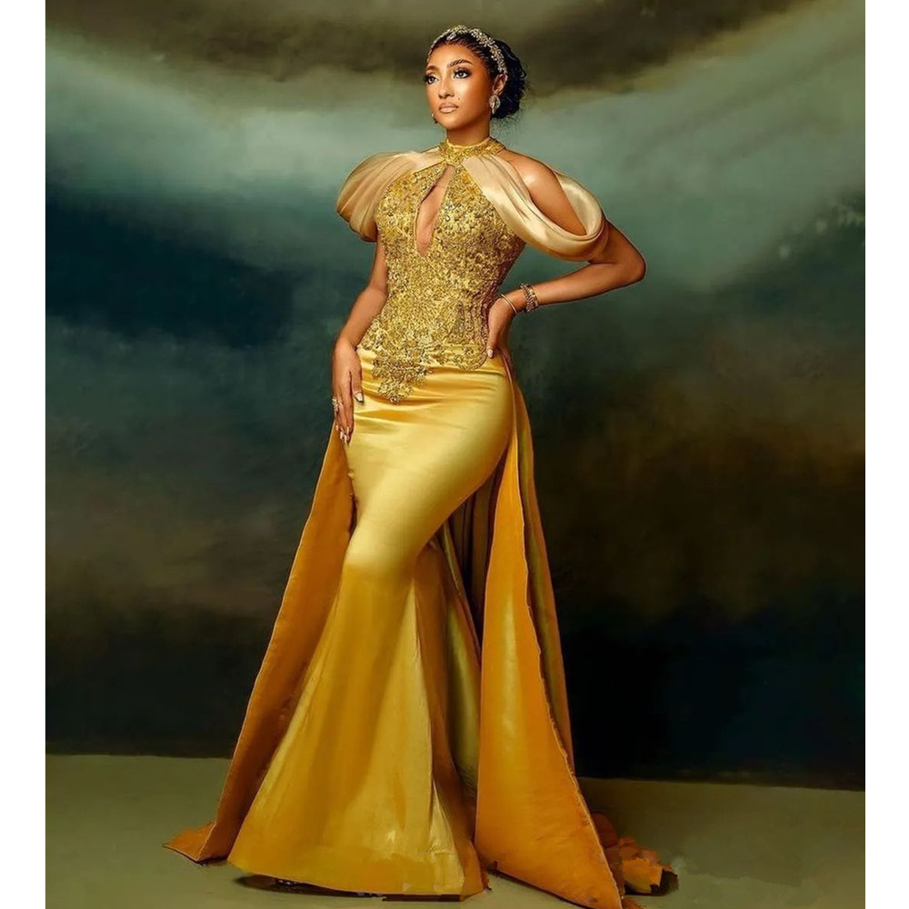 Arabic Aso Ebi Mermaid Gold Prom Dresses Lace Beaded Crystals Evening Formal Party Second Reception Birthday Engagement Gowns Dress Plus Size