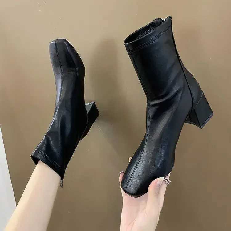 New winter square toe womens zipper ankle boots elegant thick high-heeled short boots for women Botas De Mujer 2024 CL240906