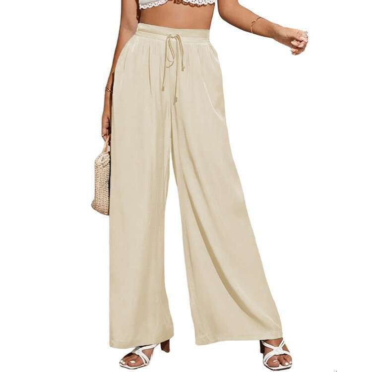 Summer New Women's High Casual Solid Color Elastic Waist Lace Loose Wide Leg Pants for Women