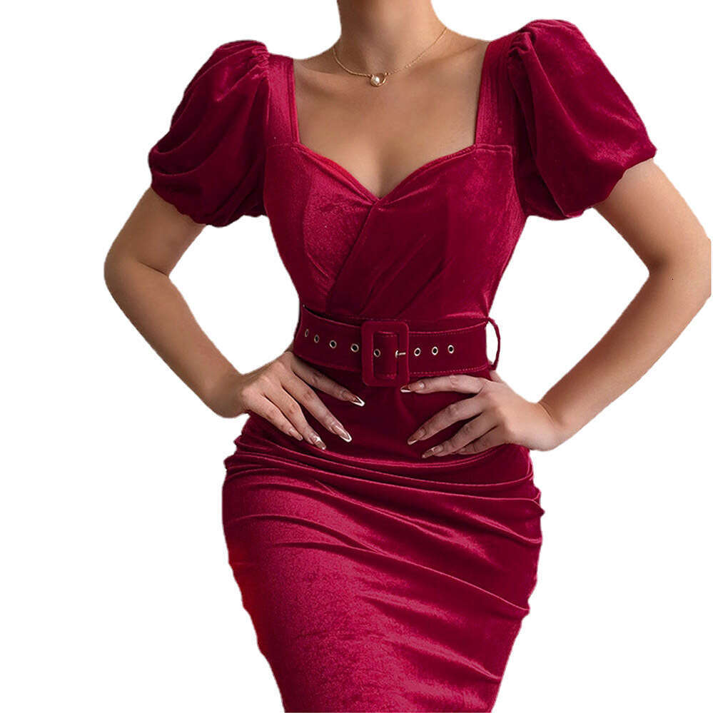 2023 Spring New Solid Color Tunic Waist Show Chest Sexy Low Neck Bubble Sleeves Velvet Wrap Hip Dress