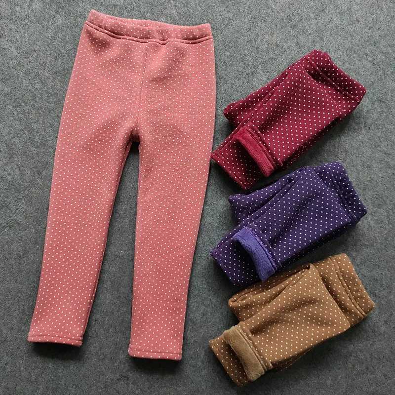 Kids Girls Leggings Autumn Winter Cotton Dot Print Velvet Warm Pant For Girl Fleece Plus Thicken Slim Trousers Children Clothing Y240906