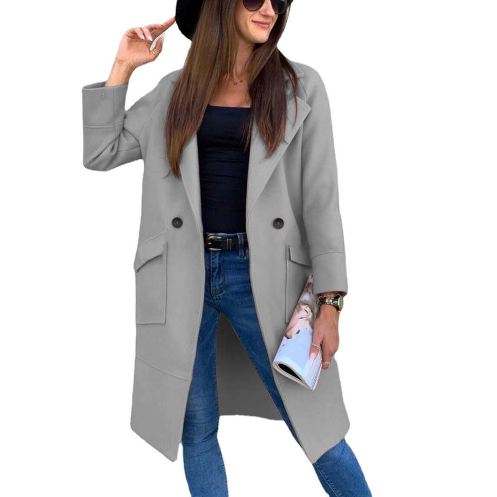 2024 new autumn and winter solid color long sleeved suit collar button pocket woolen coat