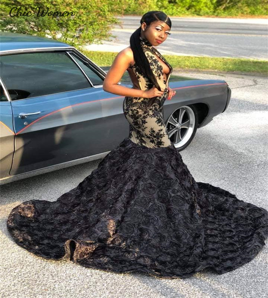 Nigerian Mermaid Black Prom Dresses With 3D Florals Keyhole Front Black Women Evening Dress Lace Customize Birthday Party Gown 2025 Bespoke Fromal Occ