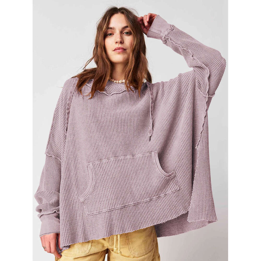 2024 Autumn Women's Loose Trendy Brand Solid Color Hoodie Waffle Long Sleeve Coat