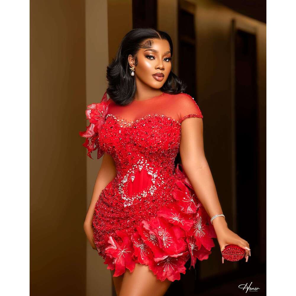 Stunning Red Mini Prom Dresses African Beaded D Wers Short Tail Homecoming Party Black Women Hand Ral Formal Dress