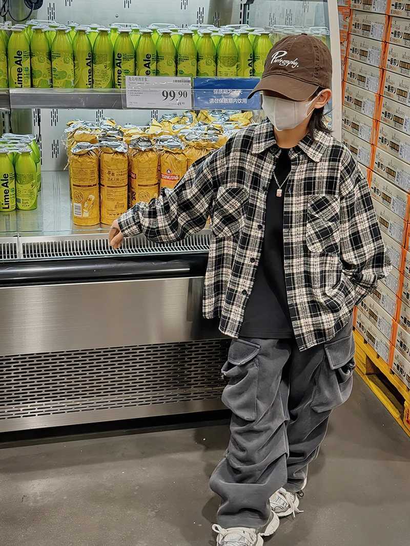 Childrens Plaid Boy Shirt Spring 2024 New Childrens Style Shirt Handsome Spring Coat Korean Version Y240906